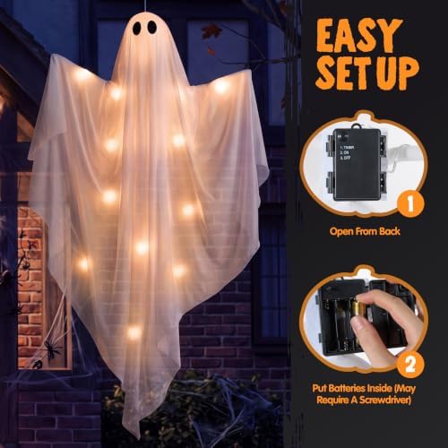 JOYIN 3Pcs 35” Light Up Halloween Decorations Outdoor, Tree Hanging Ghosts with Warm White LED Lights and Timer for Tree Front Yard Patio Lawn Garden Party Décor and Holiday Indoor Outside Decorations