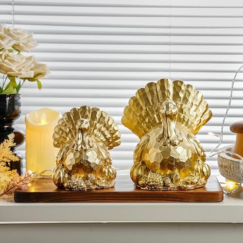 FESTGLOX Thanksgiving Turkey Decor, Gold Resin Turkey Figurine Table Decor