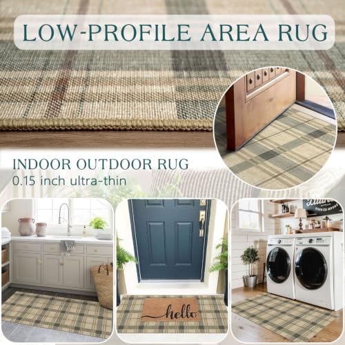 Front Door Mat Indoor Entrance - 2x4.3 Taupe Beige Tartan Plaid Rug