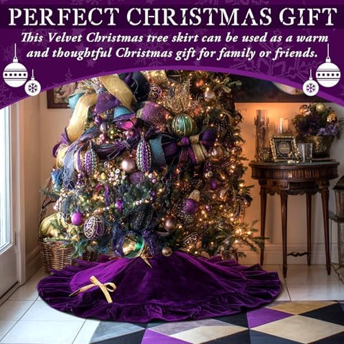 Velvet Christmas Tree Skirt, 36 Inches, Bow Style, Purple