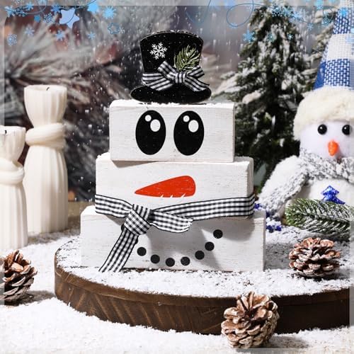 Moucuny 4 Pcs Wooden Snowman Blocks Tiered Tray Decor Farmhouse Table