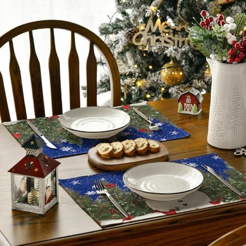 Artoid Mode Snowman Trees Blue Christmas Placemats for Dining Table, 12 x 18 Inch Seasonal Winter Birds Xmas Holiday Washable Table Mats Set of 8
