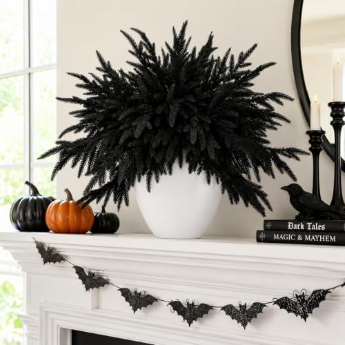 10 Pcs 18" Halloween Black Norfolk Pine Picks, Gothic Pine Branches Decor