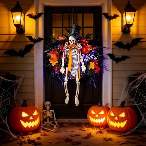 HipTree 28 Inch Halloween Skeleton Wreath for Front Door with Lights