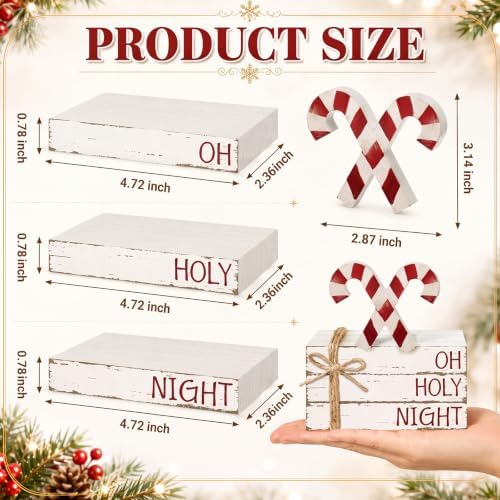 Geelin 4 Pcs Christmas Tiered Tray Decor Wooden Book Stack Signs, Candy Cane Christmas Table Decor, Red White Farmhouse Rustic Centerpieces for Shelf Coffee Bar Office Desk