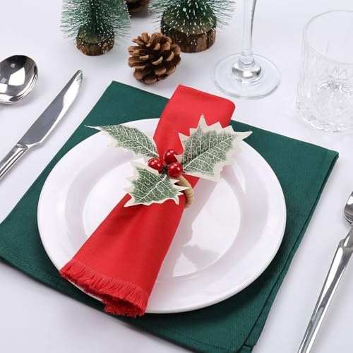 wonlex Farmhouse Napkin Ring Buckle Set of 12, Natural Rustic Serviette Buckles Holder for Table Decoration, Wedding, Thanksgiving Day,Christmas(Holly)