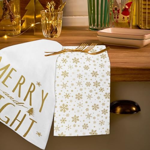 JOOCAR Gold Christmas Kitchen Towels Merry and Bright Christmas Kitchen Decor Dish Towels Set of 2, 16x27 Inch Seasonal Drying Dishcloth, Gold Snowflake Decoration Hand Towels