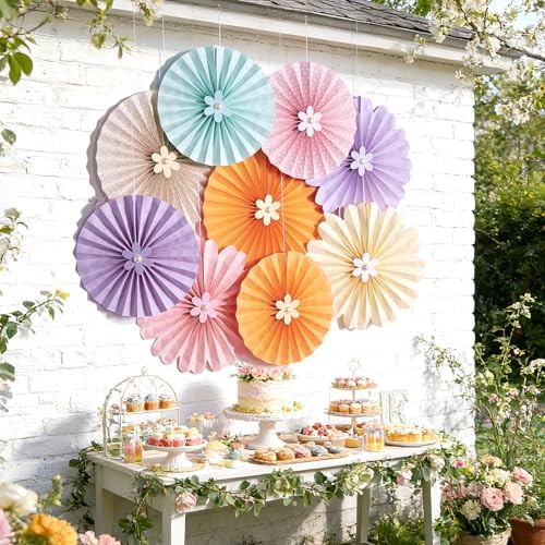 Pastel Paper Fans, Pastel Decorations for Party, Birthday, Classroom, Birthday, 9 PCS Yellow, Pink and Purple Pastel Paper Flower Decorations for Baby Shower, Wall Decor