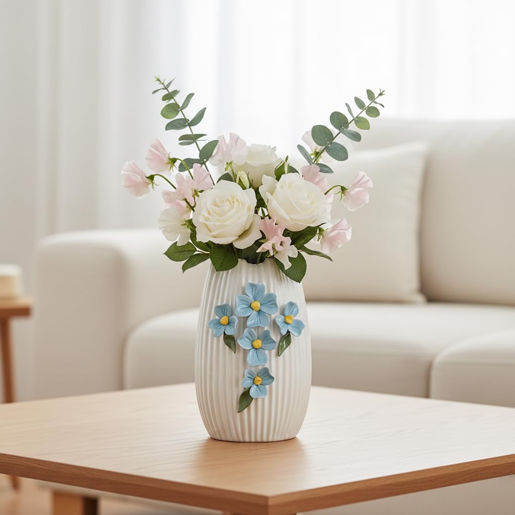 White Ceramic Vase / White and Light Blue / 7 Inch