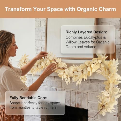 GREENTIME 2Pack 6.5Ft Boho Artificial Eucalyptus Garland with Willow Leaves