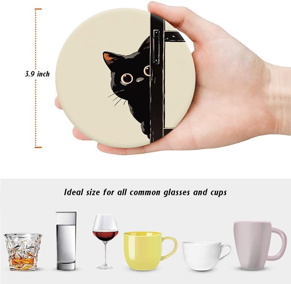 Holder / Coaster for Drinks / Cute Black Cat Design / Round / Set of 6