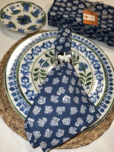 TARAN LIVING 100% Cotton Printed Cloth Napkins Reusable Fall Dinner Napkins Floral Fabric Napkins Set of 6 Machine Washable for Events, Gift, Home Decor - 18"x18" - Blue