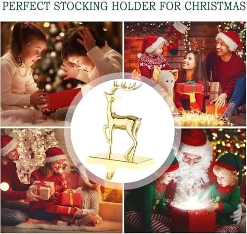 Deer Christmas Stocking Hanger for Mantel，Reindeer Christmas Stocking Holder for Fireplace Mantel Hooks Hanger for Christmas Deer Stockings Clip for Christmas Decoration (Gold Deer)