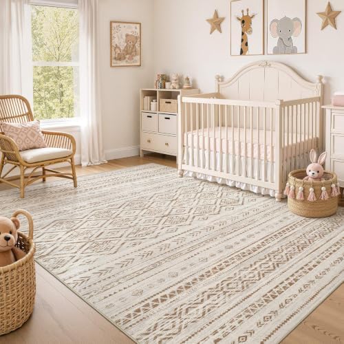 Nakagishi Area Rug Living Room Rugs: 6x9 Large Soft Machine Washable Boho Moroccan FarmNeutral Stain Resistant Indoor