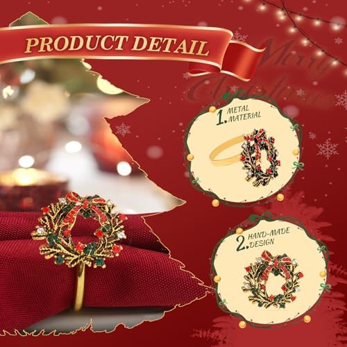 KPOSIYA Christmas Wreath Napkin Rings Set of 20, Metal Gold Napkin Holder