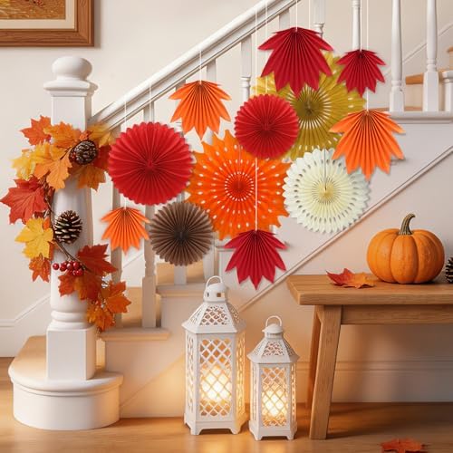 NOVWANG 12Pcs Fall Paper Fan Decorations 6 Maple Leaves and Round Hanging Paper Fans Classroom Office Decoration for Thanksgiving Autumn Harvest Rustic Party Birthday Wedding Decor