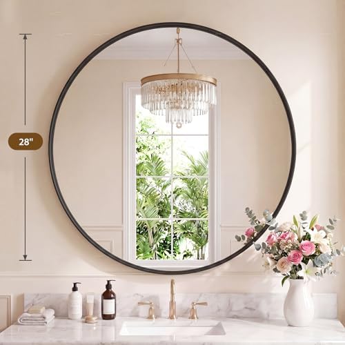Bathroom Round Mirrors for Over Sink, 28 Inch Wall Circle Mirror with Matte Metal Frame, Modern Wall Mount Vanity