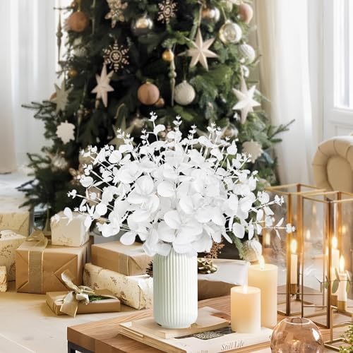 Yen Jean 14PCS White Eucalyptus Artificial Faux Flowers for Decoration - Fake Silk Stems in Vase Christmas Holiday Winter Wedding Home Decor
