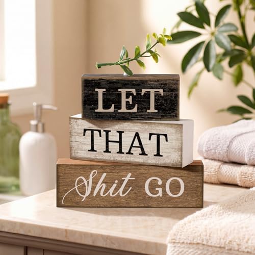 Moucuny 4 Pcs Wooden Block Signs Farmhouse Table Decoration for Bathroom