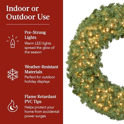 Best Choice Products 60in Large Artificial Pre-Lit Fir Christmas Wreath Holiday Accent Decoration for Door, Mantel w/Red Lighted Bow, 375 LED Lights, 930 PVC Tips, Power Plug-in