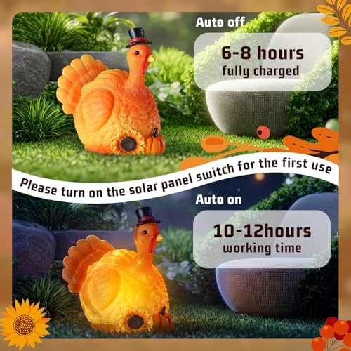 Lineshading Turkey Solar Light Figurine, Resin Thanksgiving Fall Decor, 9in
