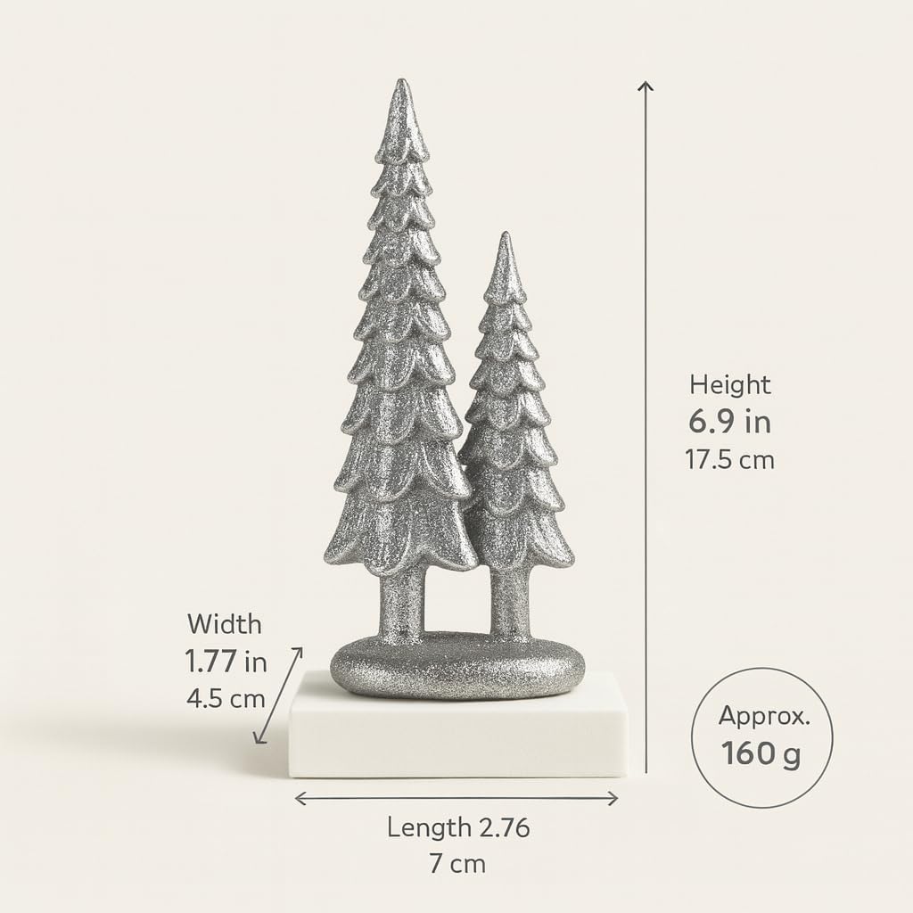 7" Resin Tabletop Figurine Double Glitter Trees on One Base Indoor Christmas Decoration / Silver