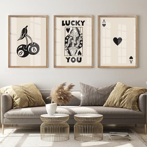 Heiple Framed Set of 3 Poker Wall Art Lucky You Poster, Trendy Retro Print Wall Decor for Queen of Hearts Wall Art