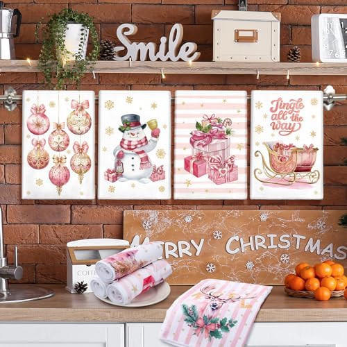 VitalCozy 12 Pcs Pink White Christmas Kitchen Towels, 14.2 x 21.3 in