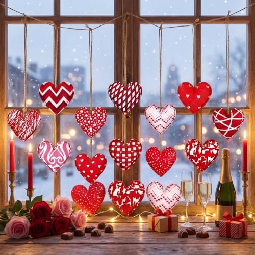 Breling 12 Pcs Valentines Felt Heart Ornaments, 3.15 in Red Hanging Decor