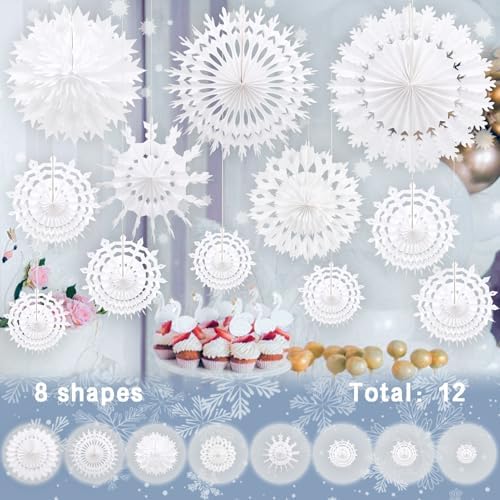 BestoFun 12 PCS White Paper Snowflake Decorations Frozen Birthday Party Supplies Winter Wonderland Party Decorations Christmas Large Snowflake Decorations Hanging Snowflake Decorations