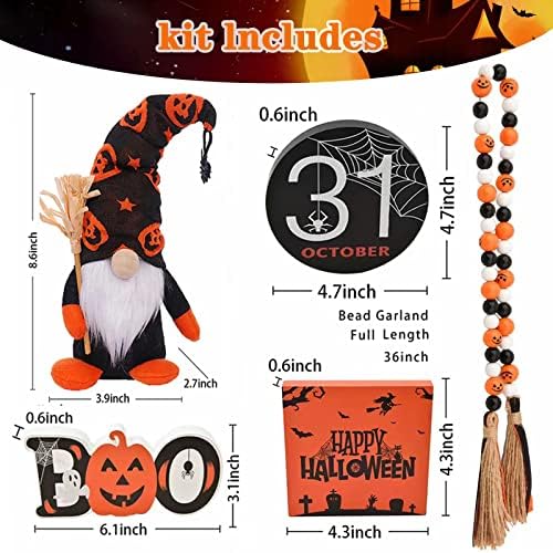 Halloween Tiered Tray Decor Indoor Decorations - Boo Wooden Sign Cute Gnomes Plush and Bead Garland - Farmhouse Rustic Tray Decor Set for Home Table Desk Room