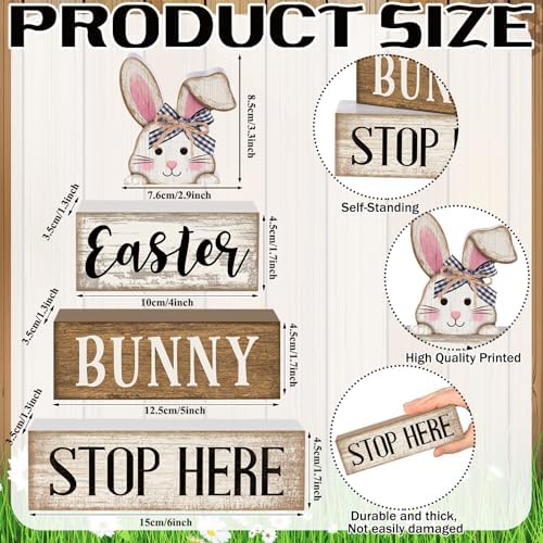 Moucuny 4 Pcs Easter Bunny Wood Signs Farmhouse Tiered Tray Table Decor