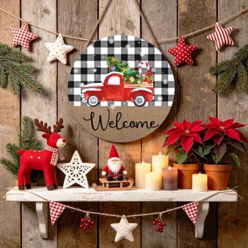 Christmas Welcome Front Door Sign for House Merry Christmas Holiday Decoration Hanging Sign Red Truck Xmas Round Wood Wreaths for Home Wall Porch Yard Garden Farmhouse Xtmas Day 12"x12"
