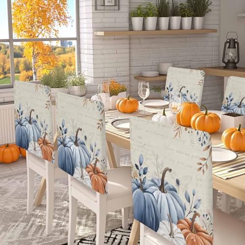 Fall Chair Covers Set of 6 Blue Pumpkin Chair Slipcover Protector Removable Stretch Chair Covers Floral Eucalyptus Leaf Thanksgiving Chair Back Covers for Dining Chairs Kitchen Holiday Party Decor
