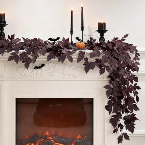 Fall Garland for Mantle, 2 Pack 7 Ft Plum Cimicifuga Seeded Leaf Garlands