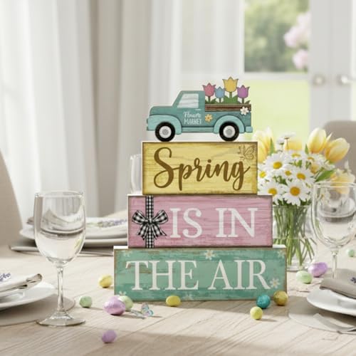 Moucuny 4 Pcs Spring Wooden Block Signs Farmhouse Table Centerpiece