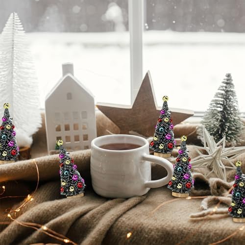 Winlyn 6 Pcs Artificial Mini Christmas Trees 4.3 Inch Frosted Green Bottle Brush Trees with Wood Bases Sisal Trees with White Snow and Ornaments for Winter Christmas Holiday Dollhouse Miniature Décor