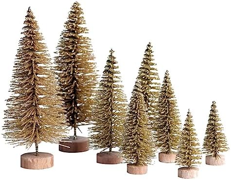 8pcs Mini Christmas Tree, Artificial Bottle Brush Trees with Wood Base, Tabletop Miniature XmasTrees with 4 Small Christmas Wreath, Fake Xmas Tree Ornament, White Christmas Tree for Christmas Décor