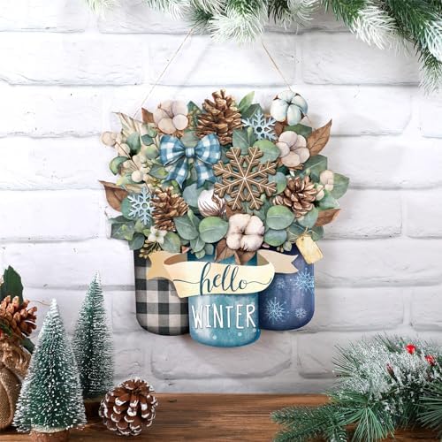 Boao Hello Winter Welcome Door Hanger, Snowflake Wooden Sign Decor