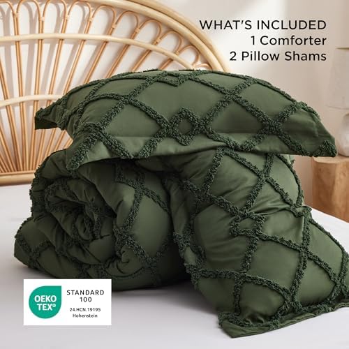 Bedsure Boho Comforter Set King - Olive Green Tufted King Size Comforter, 3 Pieces Farmhouse-Style Embroidery Bed Set