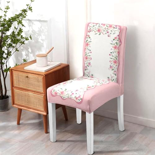 Valentine's Day Chair Covers Set of 6, Romantic Pink Rose Chairs Slipcover for Dining Room, Removable Washable Breathable Cover in the Kitchen Restaurant Holiday Decor