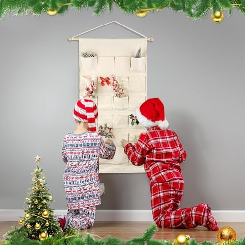 Fabric Christmas Advent Calendar with Pockets,Christmas Advent Calendar,Reusable Natural 24 Days Countdown Advent Calendar Hanging Storage Bag for Xmas Holiday Home Wall Decoration