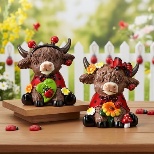 Karenhi 2 Pcs Highland Cow Figurines Resin, Ladybird Tabletop Decor