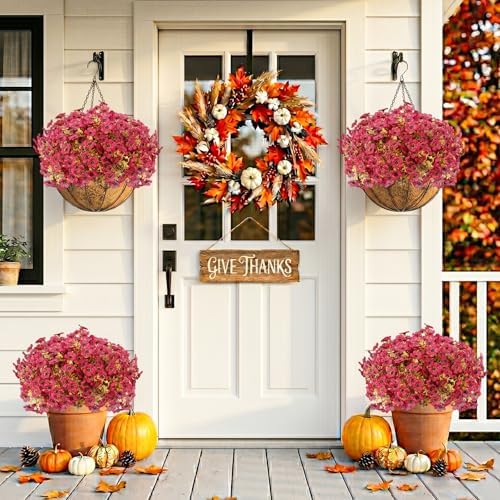 13 Bundles Artificial Fall Flowers Fake Mums for Outdoor(Dark Red)