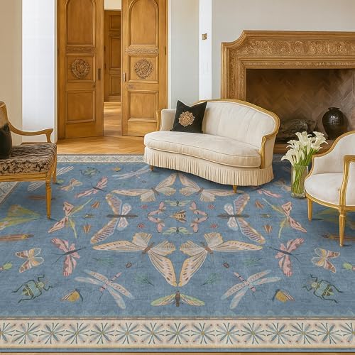 Hazo Haus 6x9 Blue Floral Rug for Dining Room Table - Area Rugs for Living Room, Bedroom, Insect Moth Art Nouveau