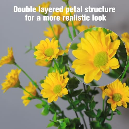 alyptus Artificial Mums for Outdoors 16 Bundles UV Resistant Plants Yellow Faux Sile Daisy Fake Plastic Eucalyptus for Fall Decor