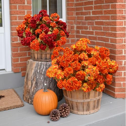Fake Geraniums Artificial Flowers for Outdoors Fall Autumn Decoration, 6 Bundles Silk Geraniums Look Real Faux Fall Flowers Plants for Front Door Garden Planter Patio Balcony Yard Home Indoor, Mix