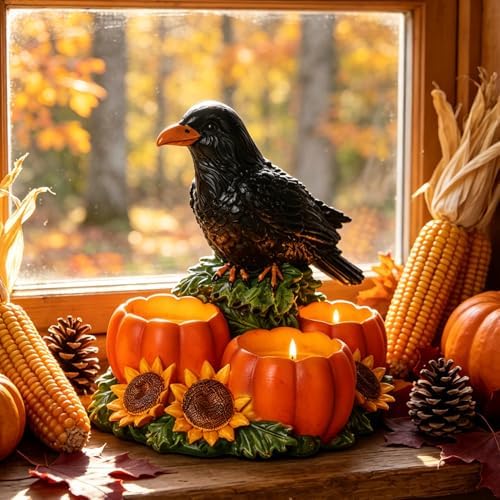 Halloween Raven Candle Holder with 3 Pumpkin Tealight Holders