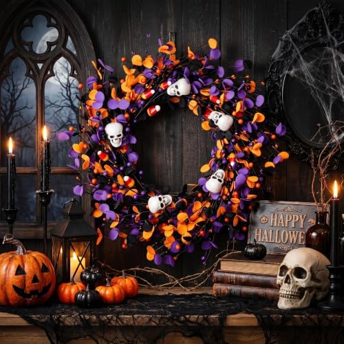 Halloweeen Wreath with White Skull 22 Inch Halloween Wreaths for Front Door with Black Eucalyptus Leaves White Skull Orange Berries for Window Porch Indoor Party Holiday Wall Home