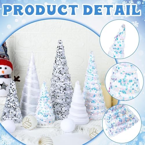 6 Pcs 12" 10" 6" Cone Christmas Tree Decorations Christmas Snow White Glitter Table Decor Farmhouse Trees Tiered Tray Ornament Xmas Tree for Home Holiday Entryway Tabletop Tree Centerpiece Decor